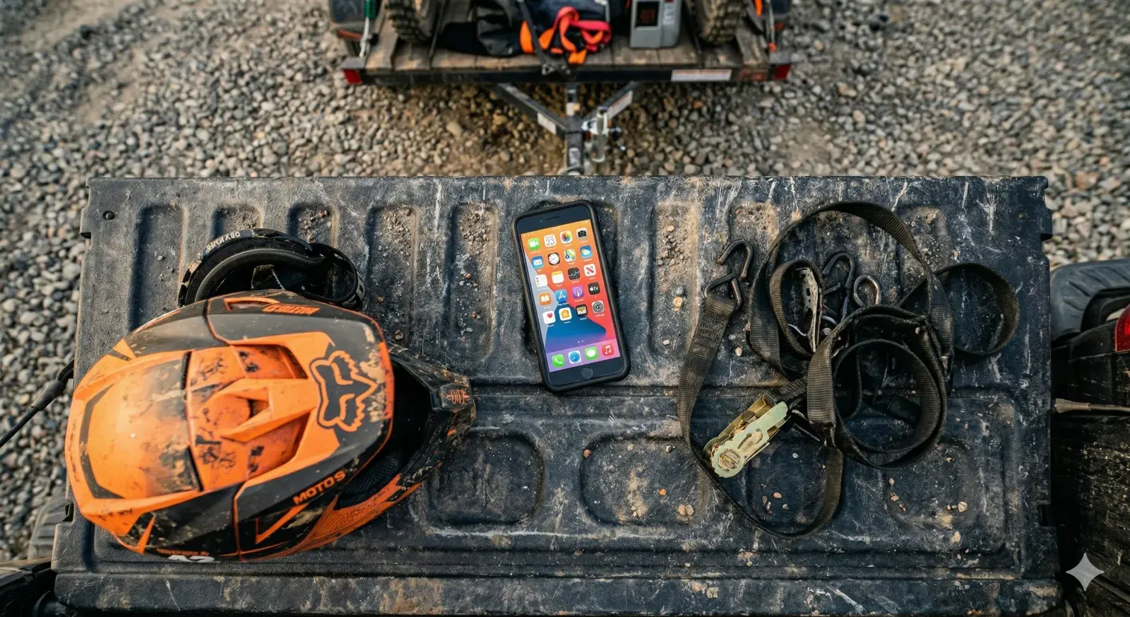 Powersports rider checking phone apps before hitting the trail