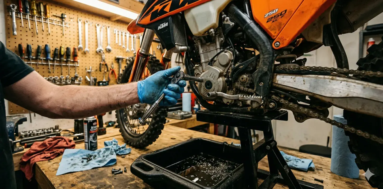 Rider working on a dirt bike in the garage with tools