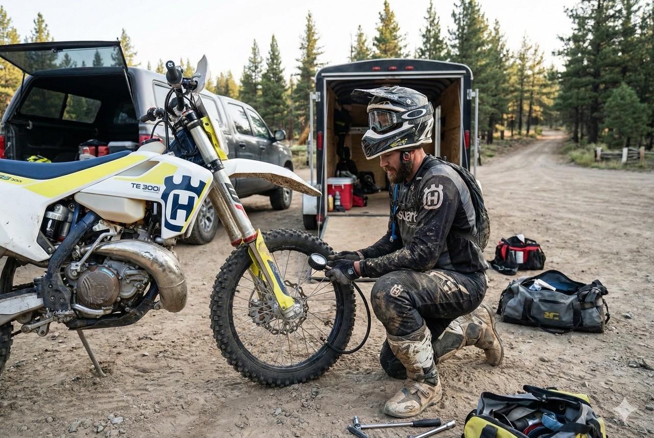 A rider running through pre-ride checks on an enduro bike