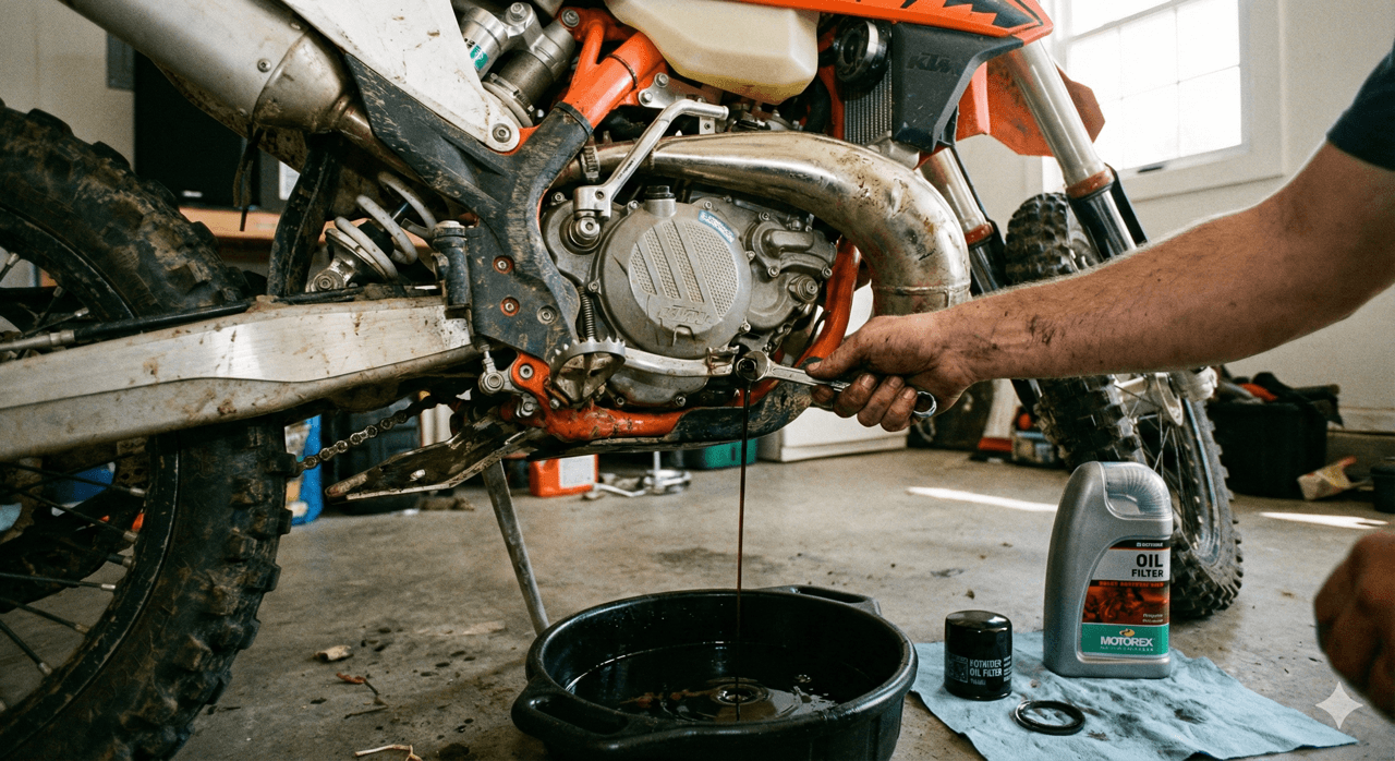 A maintenance schedule on a phone beside a dirt bike