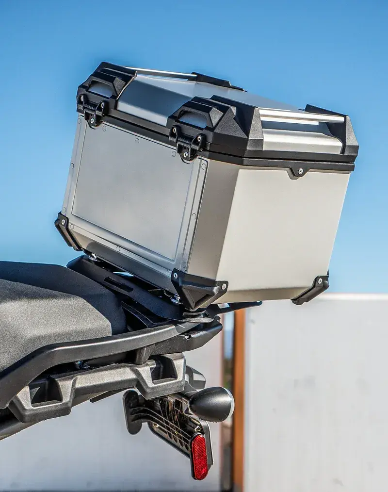 Viking Apex XL aluminum top case mounted on an adventure motorcycle rear rack
