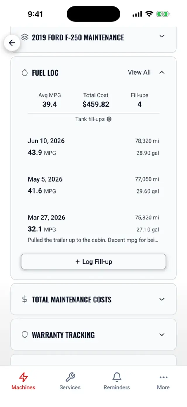 The LookOver fuel log showing fill-ups and real fuel economy