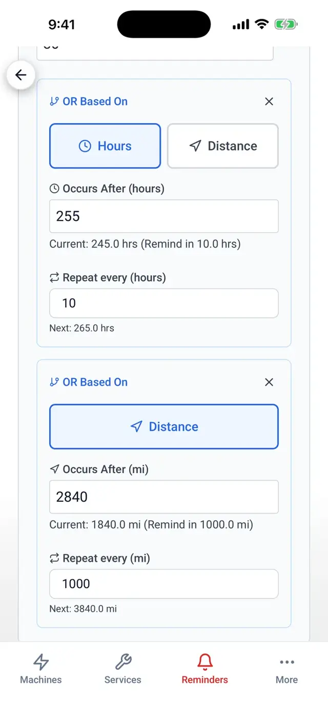 A compound-interval reminder set to trigger on hours or miles