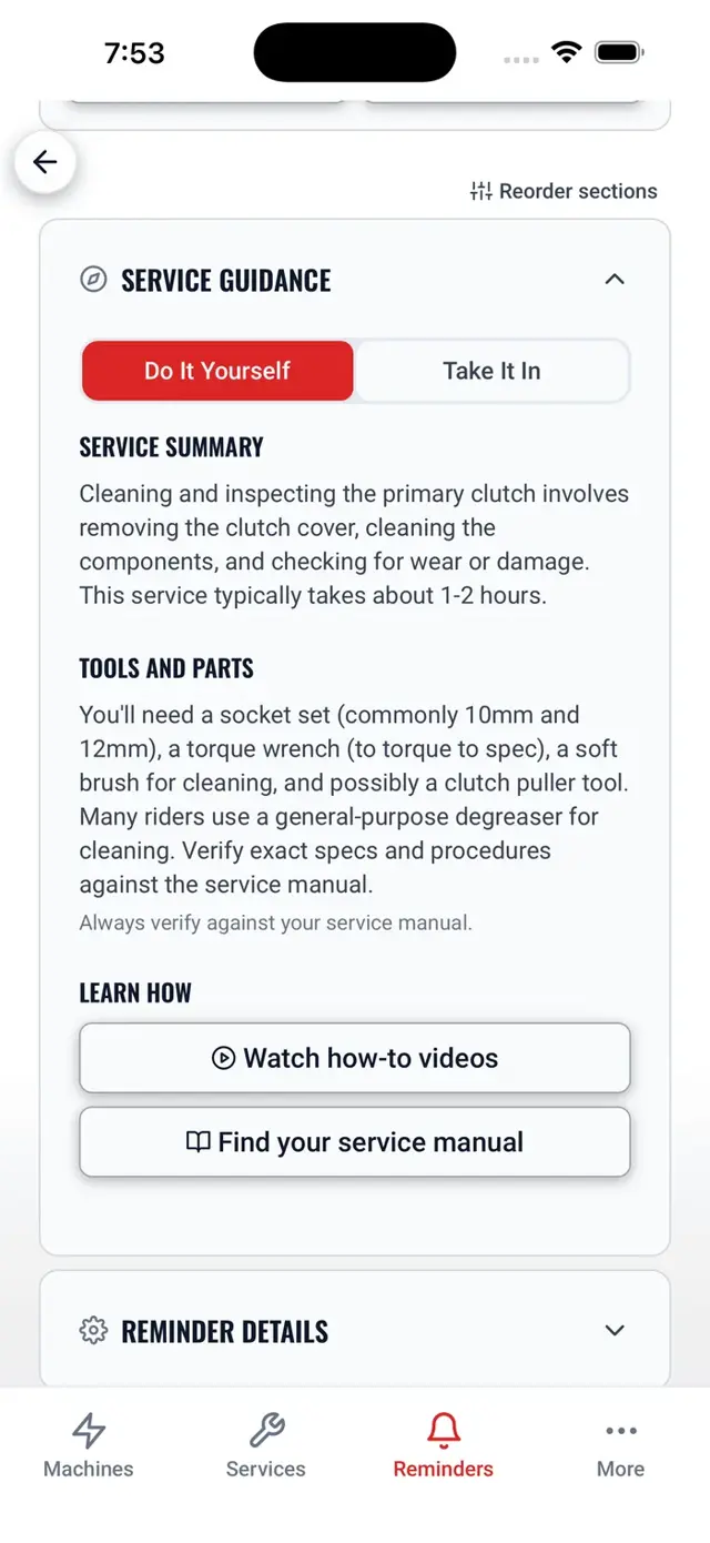 The service guidance DIY summary with steps, tools, and parts