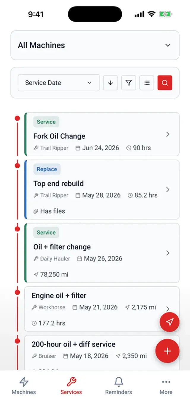 The LookOver service log with typed, dated maintenance entries