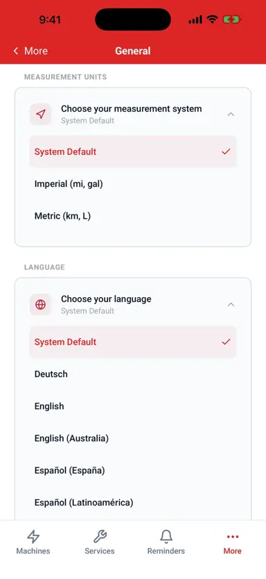 The language and regional settings screen