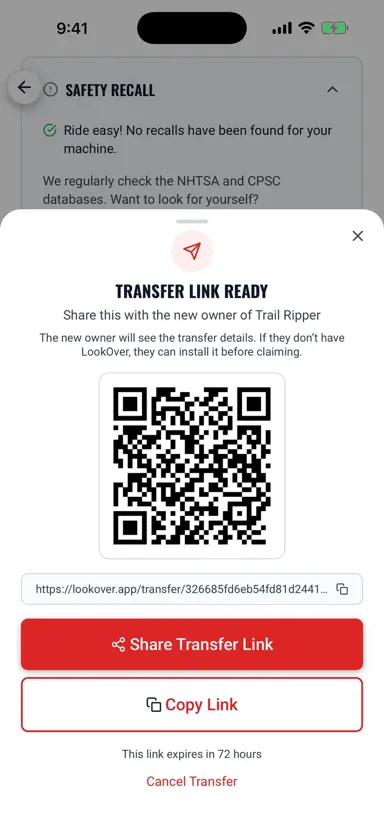 The transfer QR code that hands a machine's full history to a buyer
