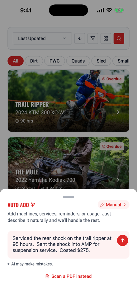 Quick Log entry screen capturing a service in seconds
