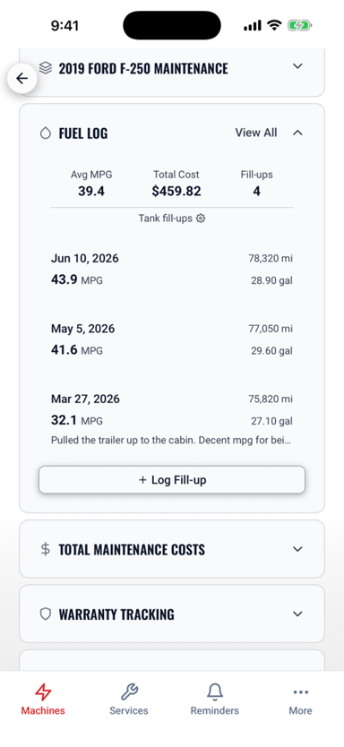 LookOver fuel logging screen