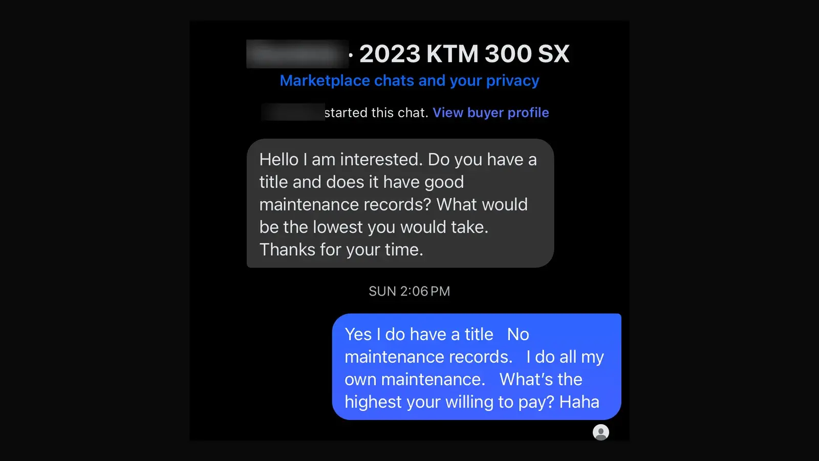 A Facebook Marketplace chat where a buyer asks if a used dirt bike has good maintenance records