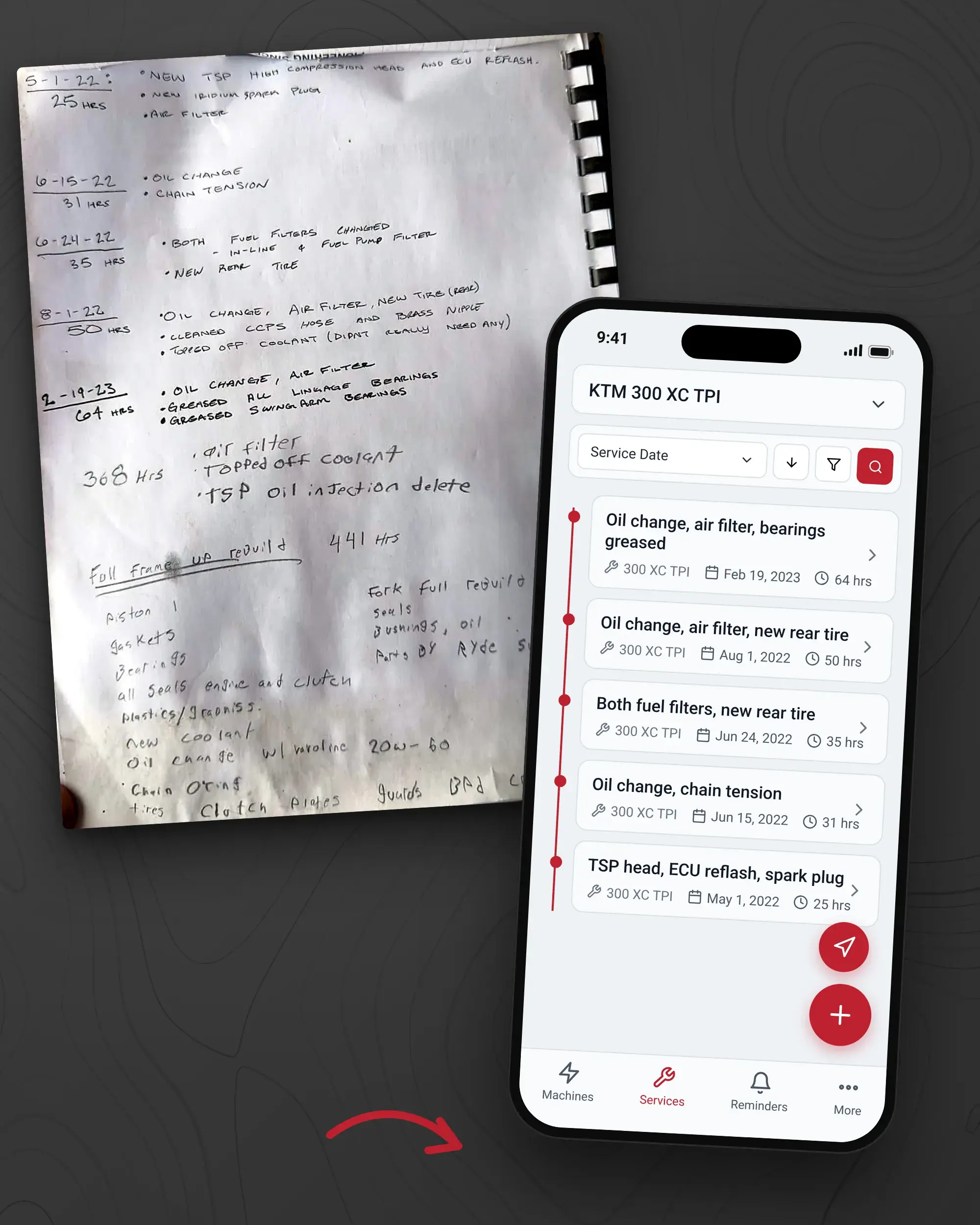 A rider's handwritten KTM 300 XC TPI maintenance log, and the same entries as service records in LookOver