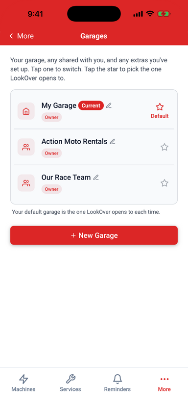The Garages screen in LookOver listing three garages, one marked current and default