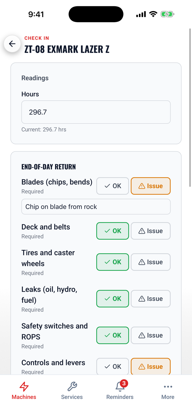 An end-of-day check-in for ZT-08: hours, a return checklist with OK or Issue on each item, and a note about a chipped blade