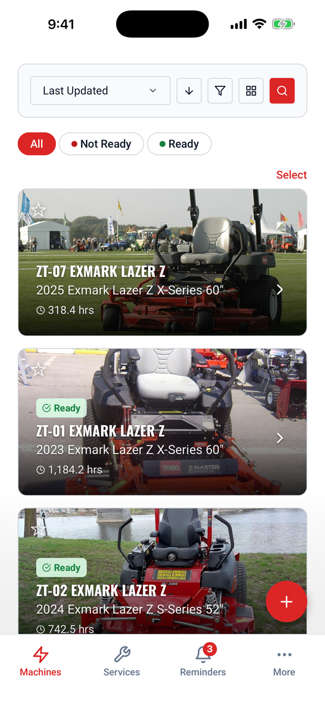 A LookOver garage of Exmark Lazer Z zero-turn mowers, each showing its engine hours and a Ready label