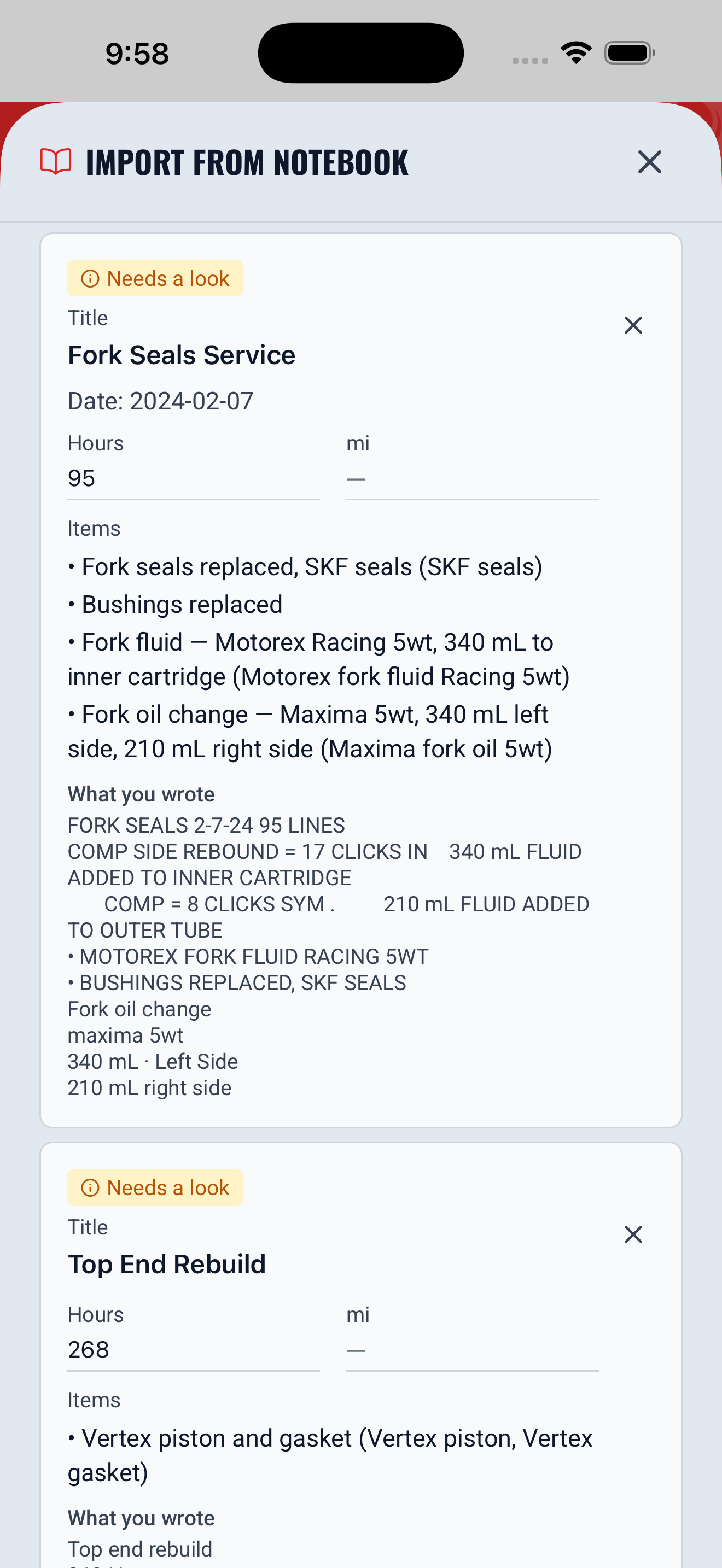 LookOver's review screen showing each entry next to what the rider wrote, with unclear ones flagged