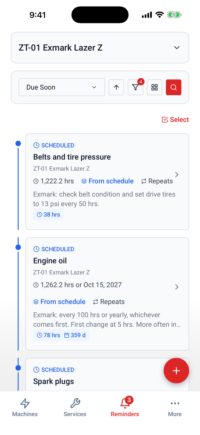 LookOver reminders for ZT-01 coming due by engine hours, from the Exmark maintenance schedule
