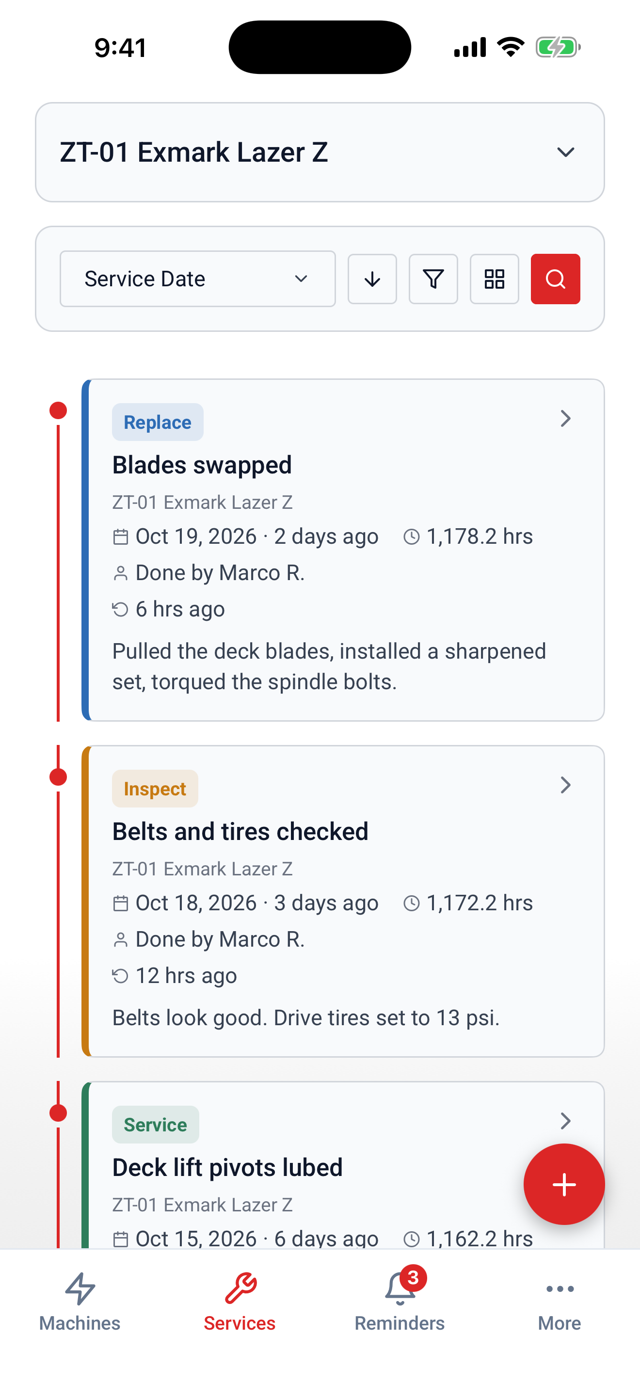 The service history for ZT-01, an Exmark Lazer Z: blades swapped and belts checked, each with the date, engine hours and Done by Marco R.