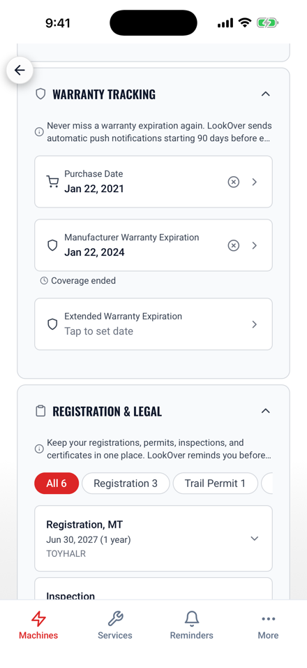LookOver warranty tracking screen