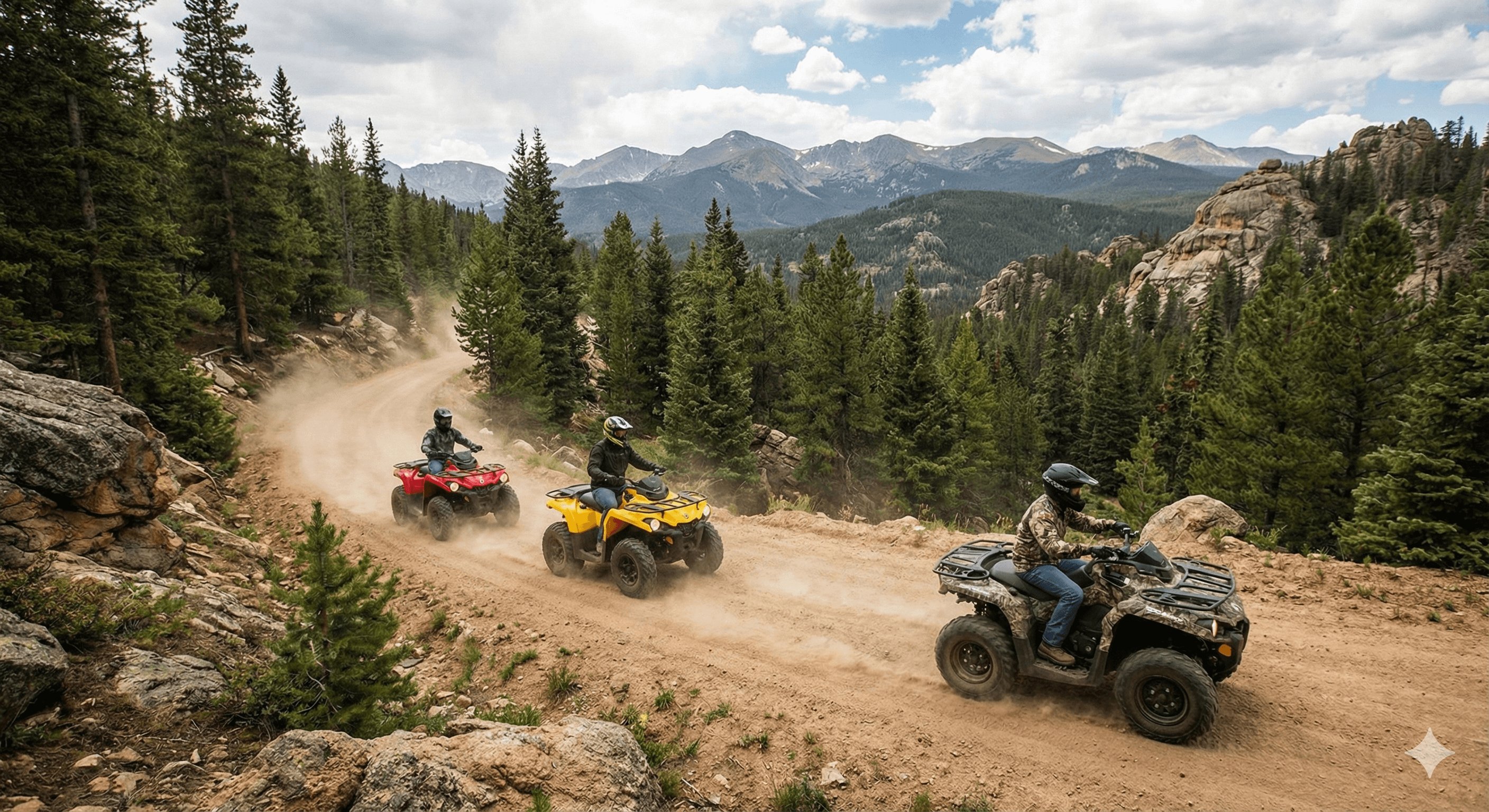 Two ATVs riding on a mountain trail