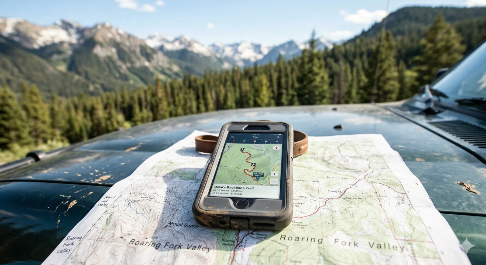 Topo map view of mountain trails used for powersports navigation