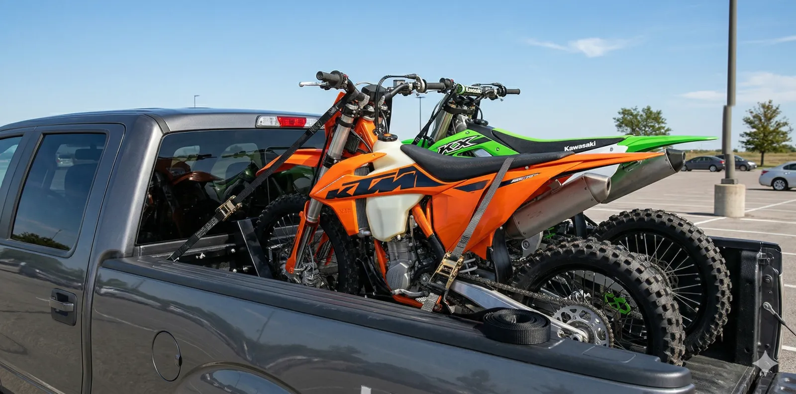 Dirt bikes tied down securely in a truck bed