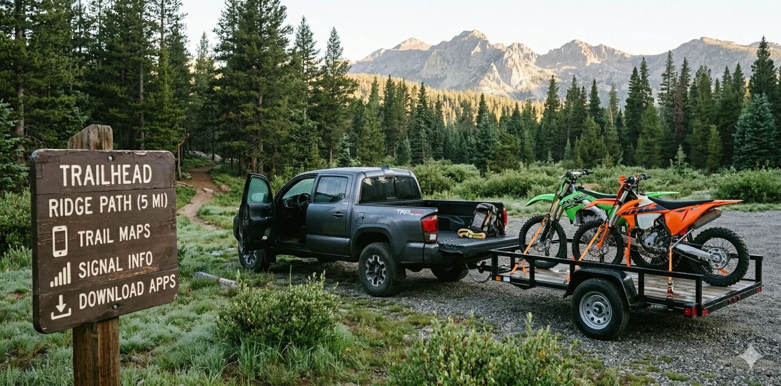 Truck and trailer at a trailhead ready for a ride
