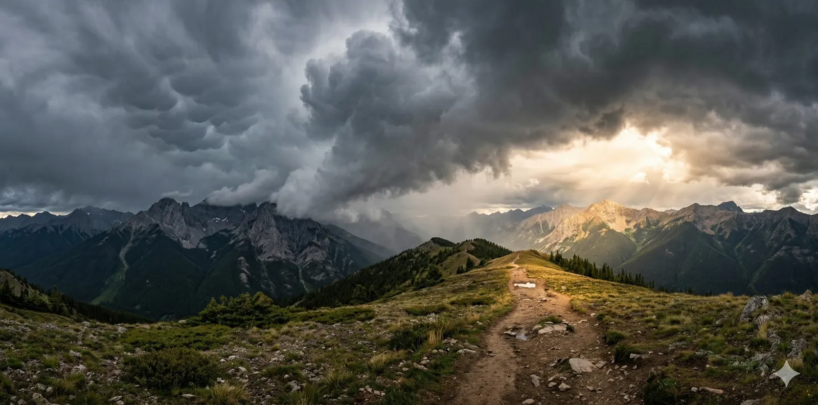 Mountain weather changing over a backcountry trail