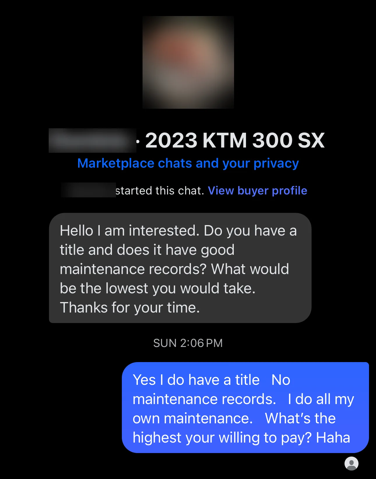 Marketplace chat: buyer asks for a title and maintenance records, seller replies that there are no records but they do all their own maintenance