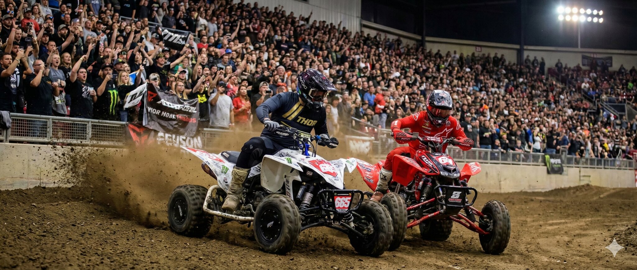 Two racing quads battling on a dirt track with crowd cheering