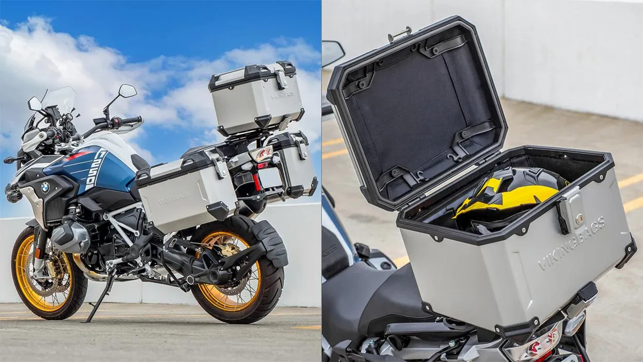 BMW GS with Viking Bags full aluminum luggage system and open top case showing gear storage