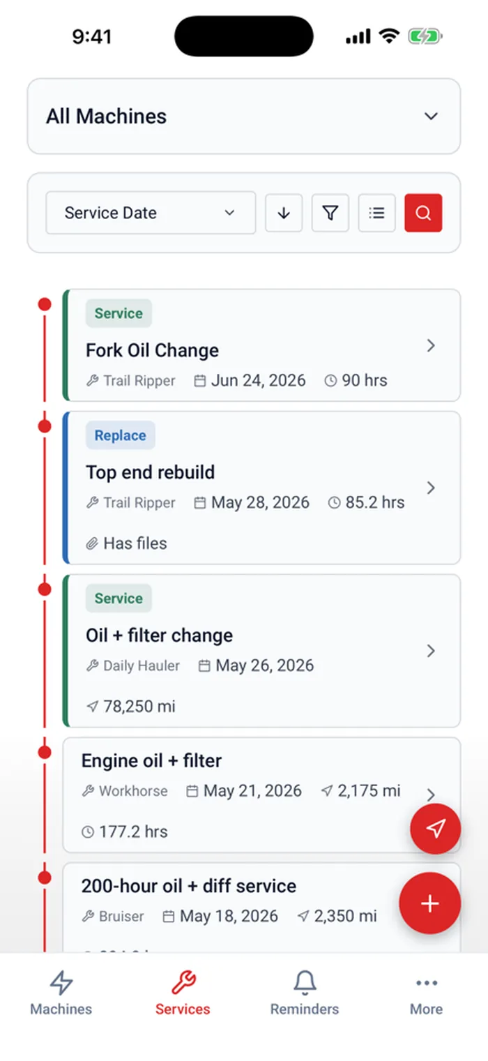 The LookOver service log with typed, dated maintenance entries