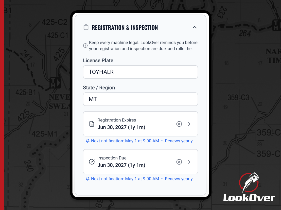 Registration and inspection tracking for a machine in LookOver