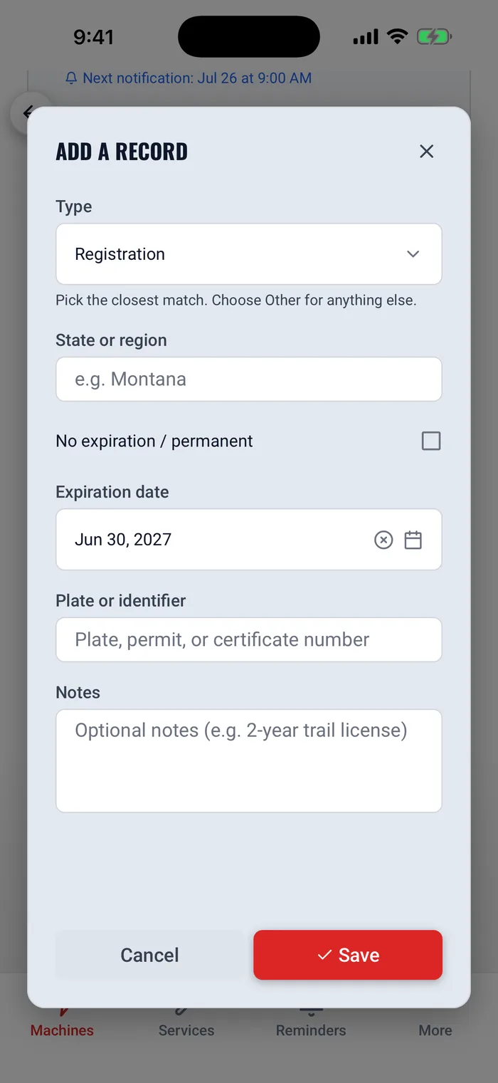 Adding a registration record with a reminder before it lapses