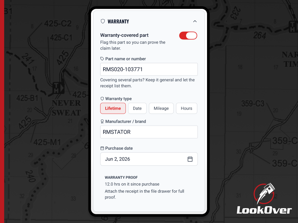 Warranty tracking for a part on a machine in LookOver